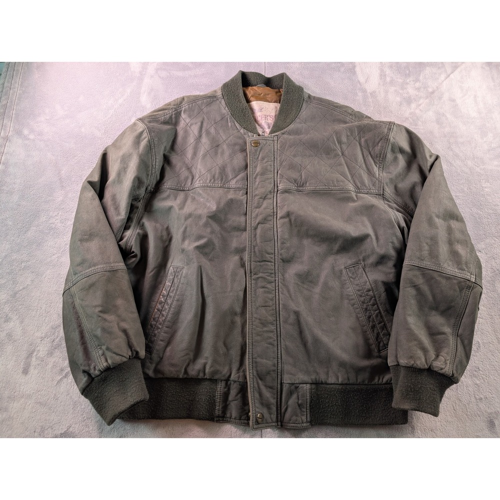Officers Club Londontown Mens Large Green Leather Bomber Jacket Quilted Vtg L